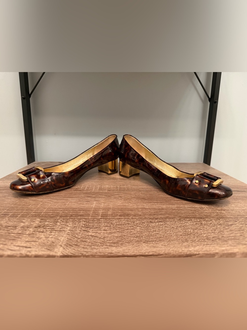 Vintage Jimmy Choo Tortoiseshell Brown Pumps Gold Block Heel & Hardware -Size 40